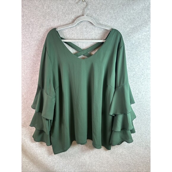 Amanda Uprichard Tops - Miss Lili Women's Plus Size 2X Emerald Green Ruffle Tiered Sleeve Blouse